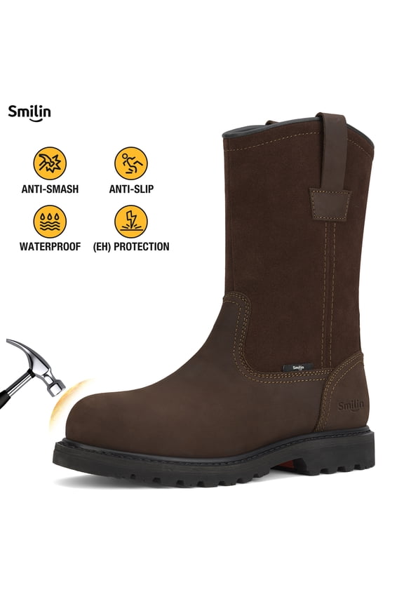 Waterproof Steel Toe Boots for Men, Industrial Construction Non-slip Work Safety Shoes,Dark Brown,US size 10.5