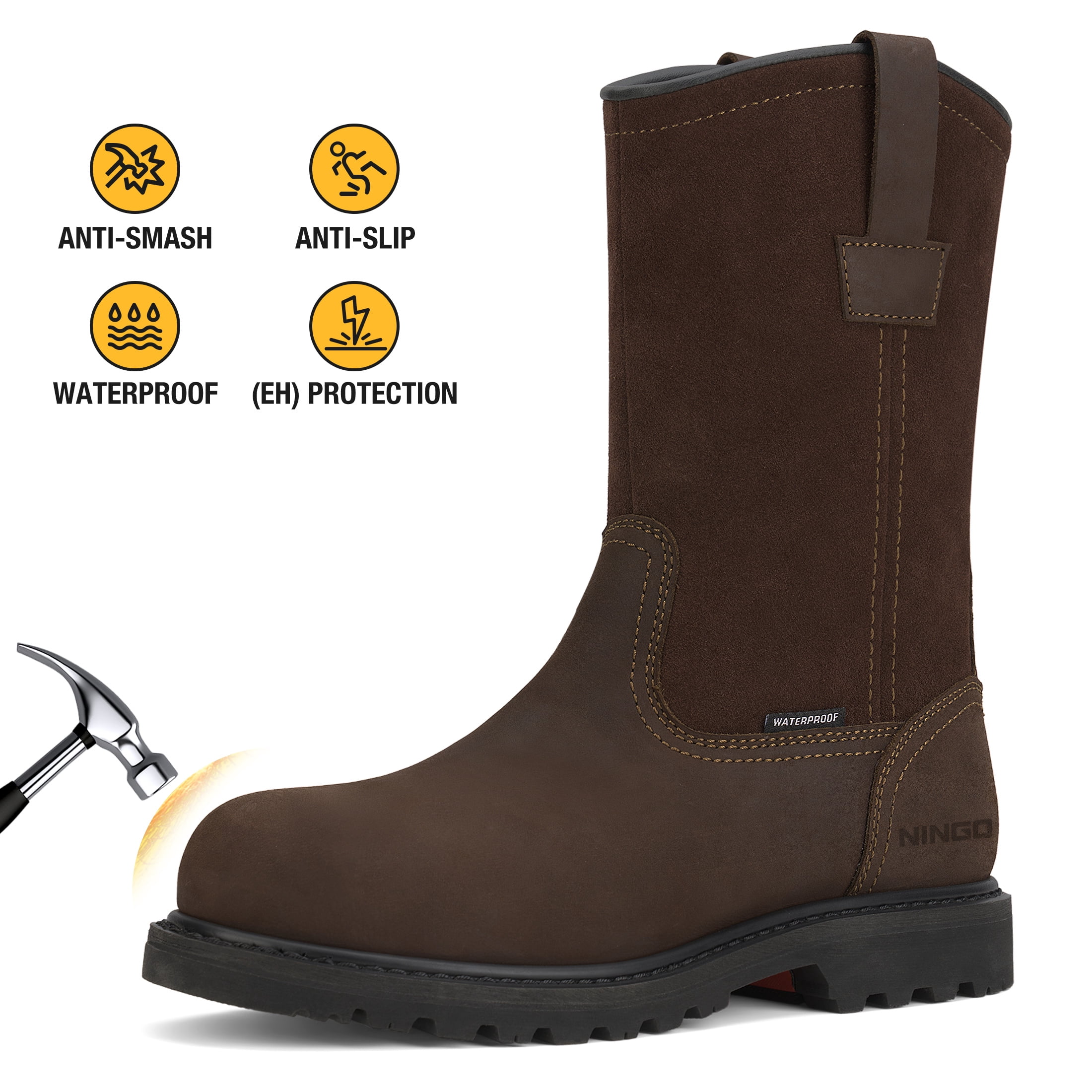 NINGO Waterproof Steel Toe Chelsea Work Boots - Slip, Puncture Resistant, Full-Grain Leather