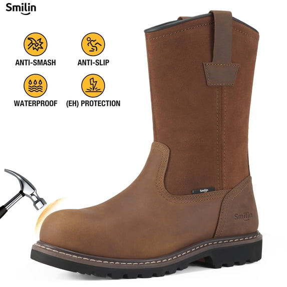 SMILIN Waterproof Steel Toe Boots for Men, Industrial Construction Non-slip Work Safety Shoes,Light Brown,US size 11