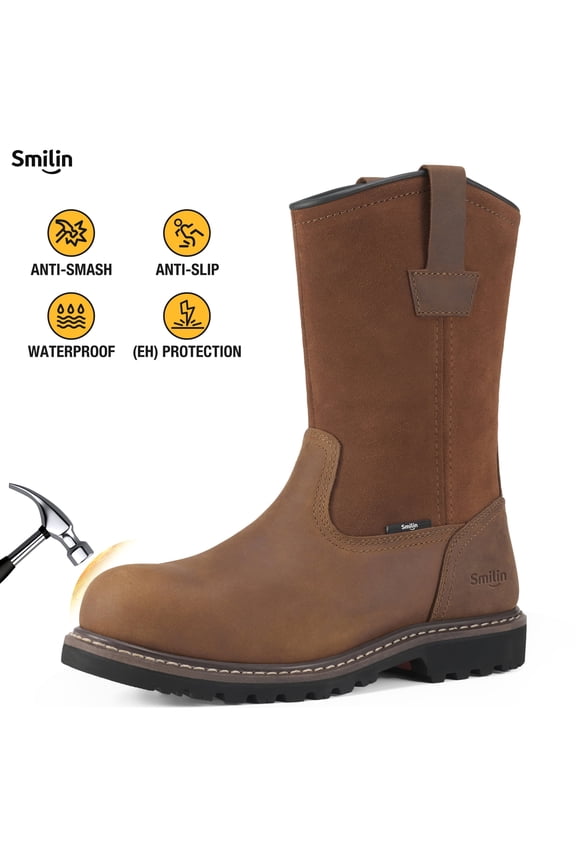 Waterproof Steel Toe Boots for Men, Industrial Construction Non-slip Work Safety Shoes,Light Brown,US size 12