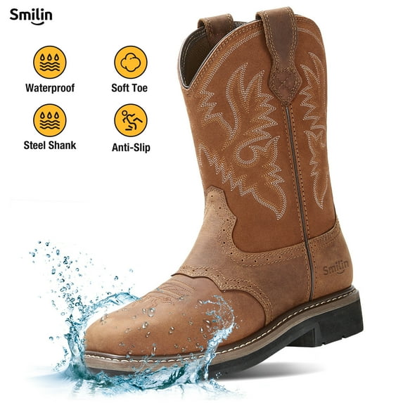 SMILIN Square Toe Cowboy Boots for Men,Waterproof Western Boots,Brown,Size 9