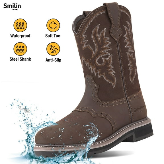 SMILIN Square Toe Cowboy Boots for Men,Waterproof Western Boots,Dark Brown,Size 8