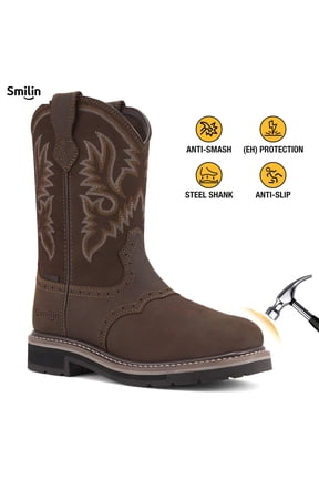 Steel Toe Boots For Men Pull-on Western Work Boots,Dark Brown,Size 11