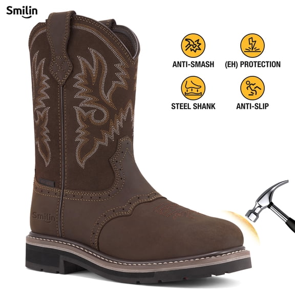 SMILIN Steel Toe Boots For Men Pull-on Western Work Boots,Dark Brown,Size 11