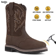 SMILIN Steel Toe Boots For Men Pull-on Western Work Boots,Dark Brown,Size 14