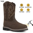 thumbnail image 1 of SMILIN Steel Toe Boots For Men Pull-on Western Work Boots,Dark Brown,Size 7, 1 of 9