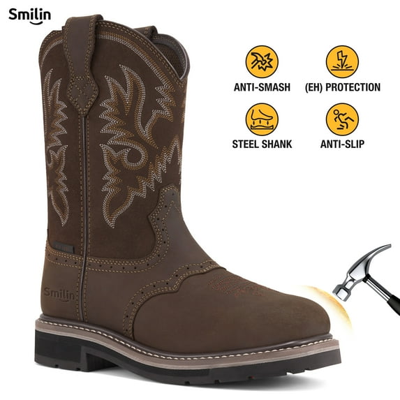 SMILIN Steel Toe Boots For Men Pull-on Western Work Boots,Dark Brown,Size 8