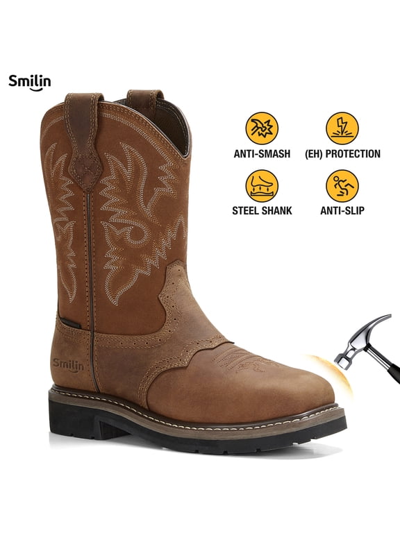 Steel Toe Boots For Men Pull-on Western Work Boots,Brown,Size 10