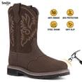 thumbnail image 1 of SMILIN Steel Toe Boots For Men Pull-on Western Work Boots,Dark Brown,Wide Size 8, 1 of 10