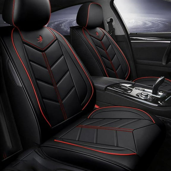 NINTE 5-Seat Covers Luxury Protector Universal Car Front Rear Black & Red PU Leather Car Seat Cover