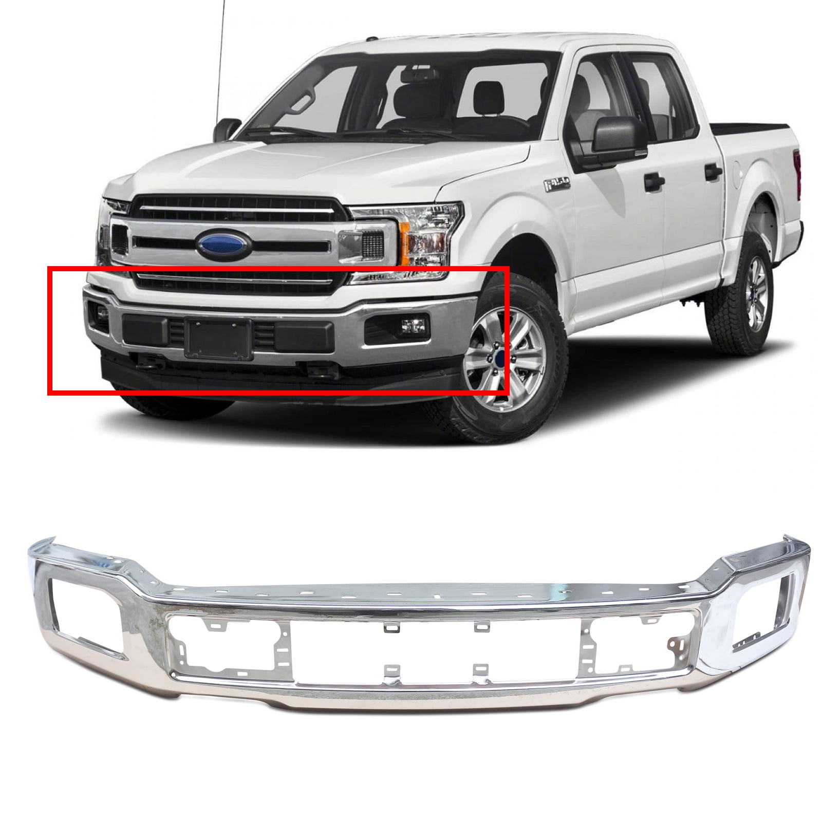NINTE Front Bumper for 2018 2019 2020 Ford F150 Pickup with Fog Lights Hole Silver Chrome