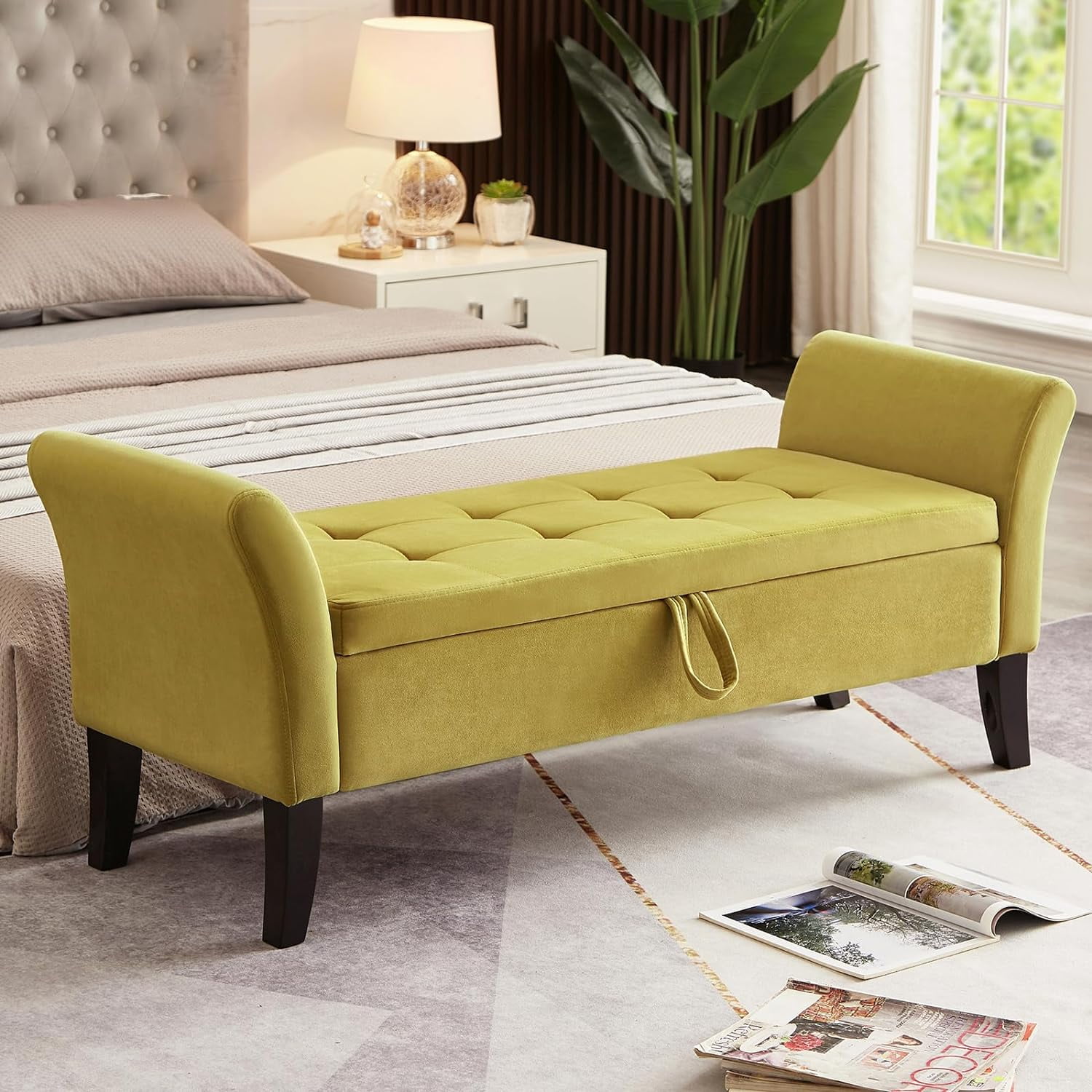 NIOIIKIT 51.5??? Storage Ottoman Bench, Velvet Upholstered Entryway Bench