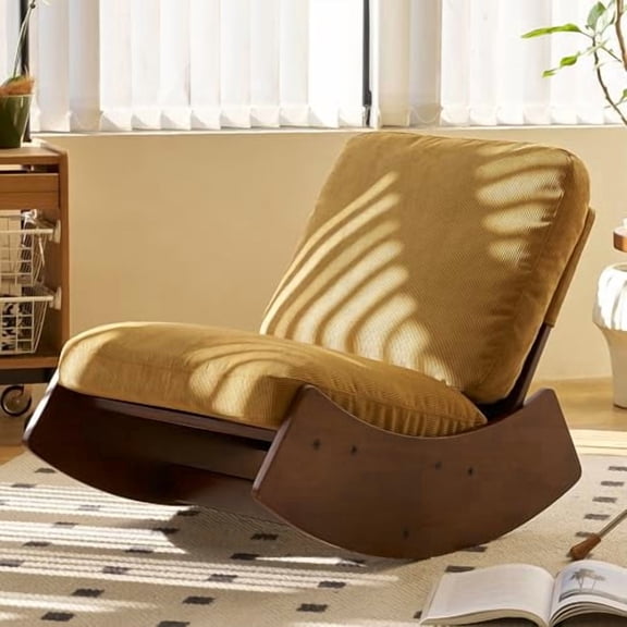 NIOIIKIT Nursery Rocking Chair, Corduroy Upholstered Glider Chair with Wood Legs, Leisure Glider Rocking Chair with Thick Seating, Accent Rocker Recliner for Living Room (Tan)