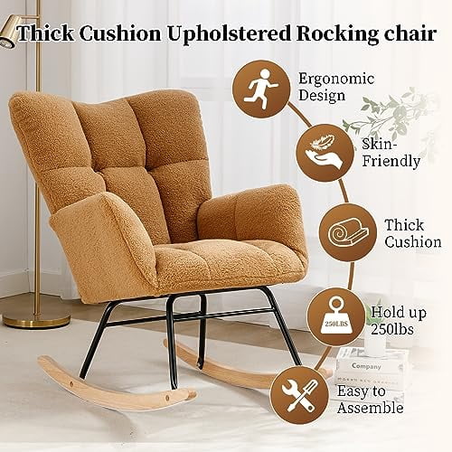 Nursery Rocking Accent Chair Teddy Upholstered Glider Accent Chair Padded Seat With High Backrest Armchair For Living Room White Rocking Chair