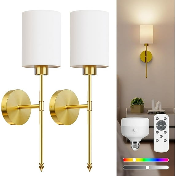 NIORSUN Battery Operated Wall Sconce Set of 2, Gold Wireless Rechargeable Wall Lights with 5200mAh Dimmable Detachable Bulbs and Remote, 9 Colors Sconces Wall Decor for Bedroom Living Room Hallway