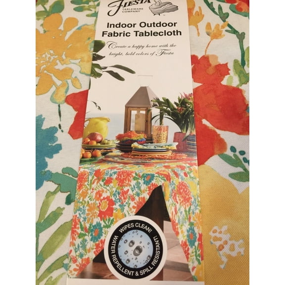 NIP Fiesta Indoor Outdoor Fabric Tablecloth Garden Floral Orange/Turq 60" x 84"