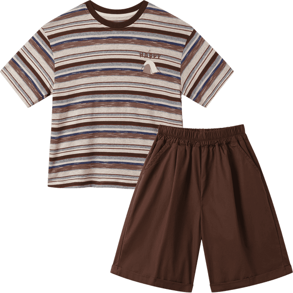 NIPAXO Boys Outfits Set Elastic Waistband Cotton Blend Knit Striped Crewneck Tent Graphic T-Shirt Shorts Set for Toddler Little Boys Age 7-8 Years Brown