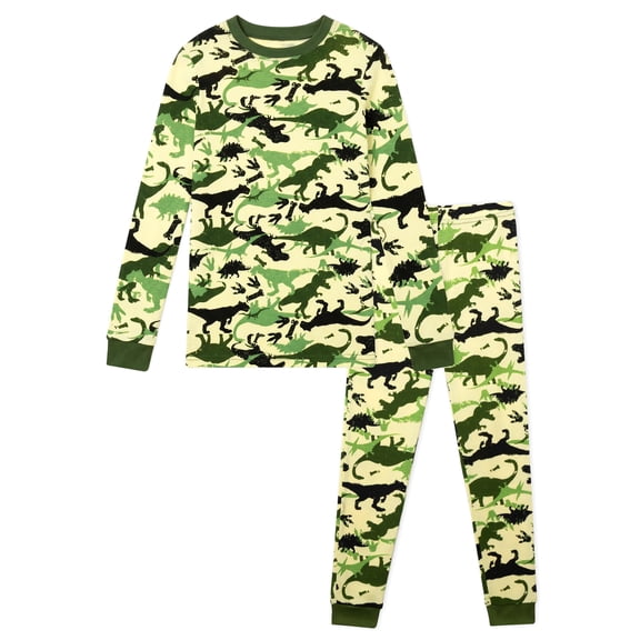 NIPAXO Boys Pajamas Set Long Sleeve Dinosaur Camo Print Thermal Top and Matching Pants Sleepwear for Kids