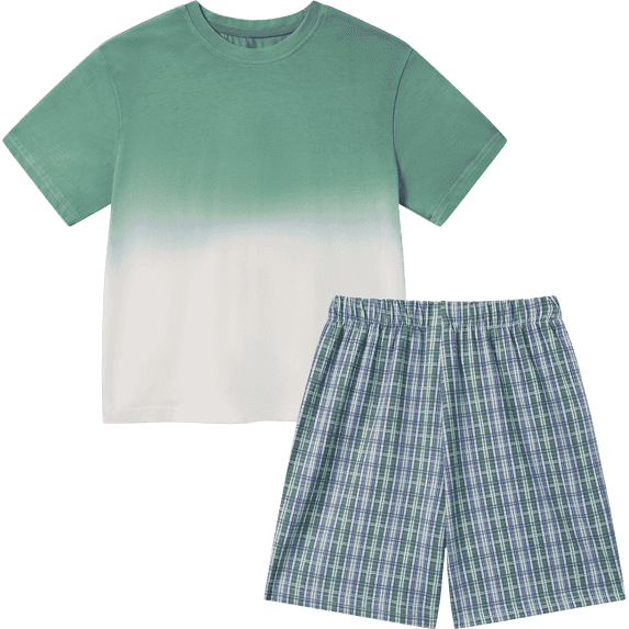 NIPAXO Boys Short Sets Ombre T-Shirt and Plaid Shorts 2-Piece Summer Outfit Casual Activewear for Boys, Green, Sizes 4-5 years old