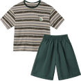 thumbnail image 1 of NIPAXO Boys Outfits Set Elastic Waistband Cotton Blend Knit Striped Crewneck Tent Graphic T-Shirt Shorts Set for Toddler Little Boys Age 4-5 Years Green, 1 of 14