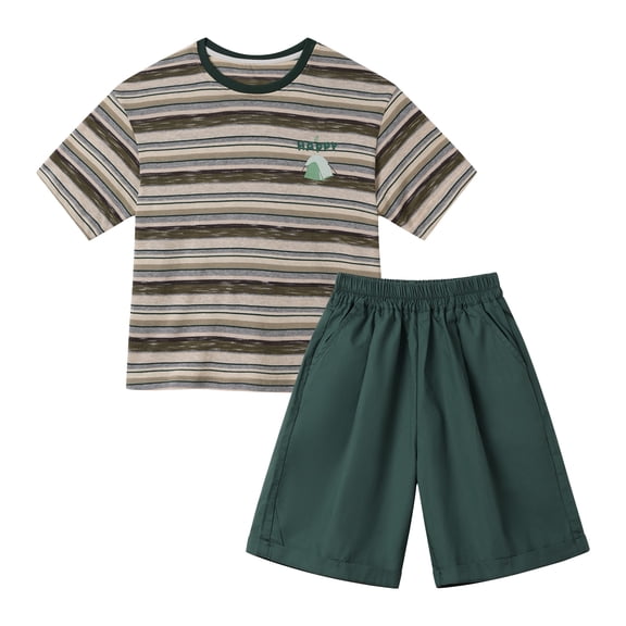 NIPAXO Boys Outfits Set Elastic Waistband Cotton Blend Knit Striped Crewneck Tent Graphic T-Shirt Shorts Set for Toddler Little Boys Age 4-5 Years Green