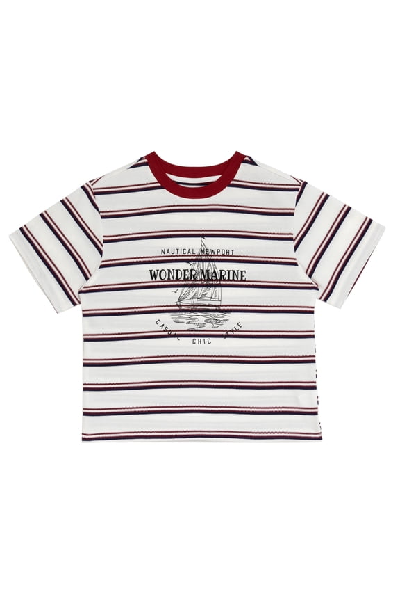 Boys Striped T-Shirt Nautical Sailboat Graphic Short Sleeve Summer Tee for Boys, Red, Sizes 7-8Y