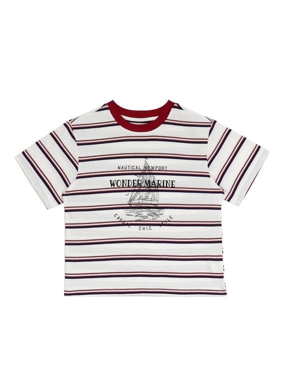 Boys T-Shirt Nautical Newport Wonder Marine Striped Crew Neck Short Sleeve Casual Cotton Summer Tee for Kids 7-8Y