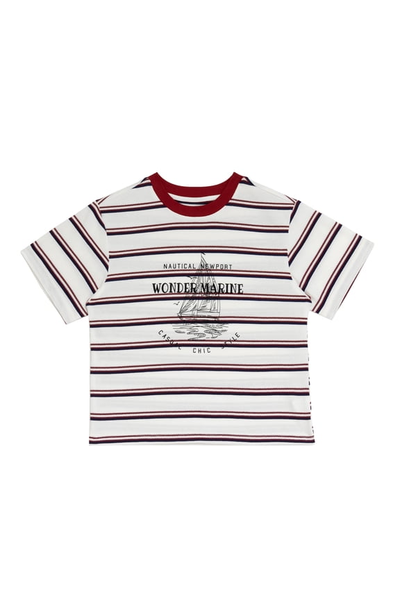 Boys T-Shirt Nautical Newport Wonder Marine Striped Crew Neck Short Sleeve Casual Cotton Summer Tee for Kids 9-10Y
