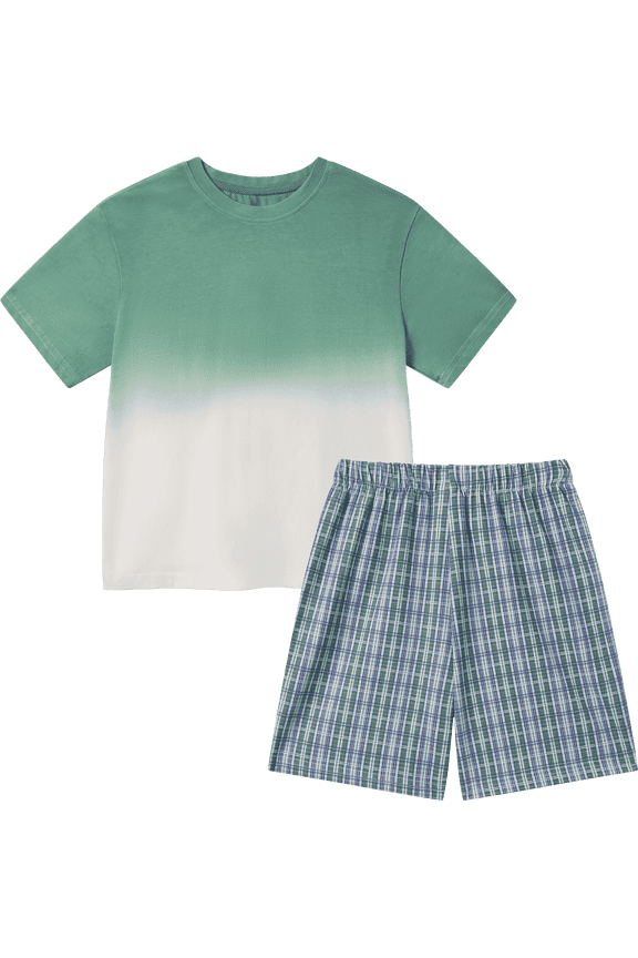 Boys Short Sets Ombre T-Shirt and Plaid Shorts 2-Piece Summer Outfit Casual Activewear for Boys, Green, Sizes 7-8 years old