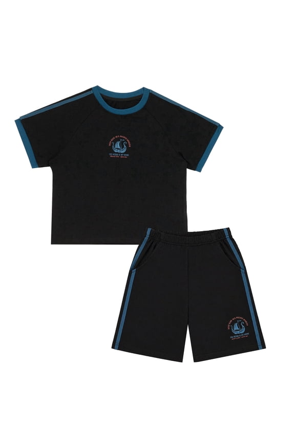 Boys 2-Piece Short Set Nautical Graphic Raglan T-Shirt and Athletic Shorts Outfit for Boys, Black, Sizes 5-6 Years Old