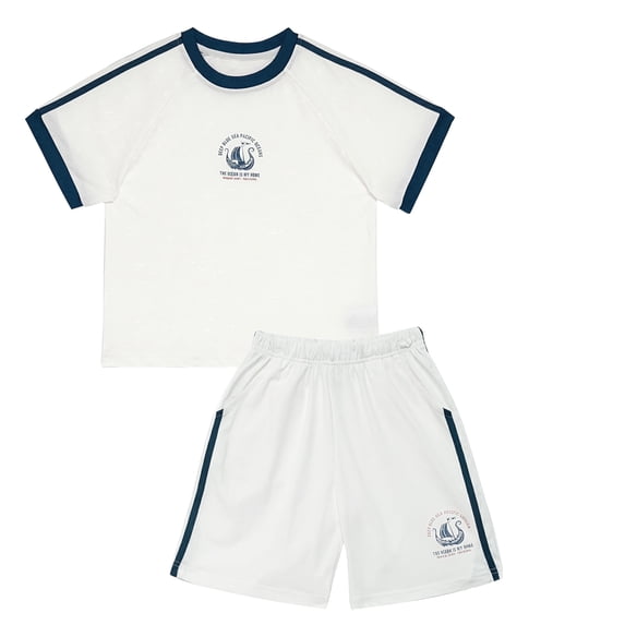 Boys 2-Piece Short Set Nautical Graphic Raglan T-Shirt and Athletic Shorts Outfit for Boys, White, Sizes 4-5 Years Old