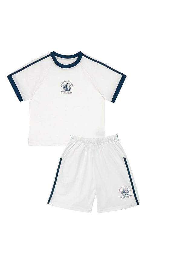 Boys 2-Piece Short Set Nautical Graphic Raglan T-Shirt and Athletic Shorts Outfit for Boys, White, Sizes 9-10 Years Old