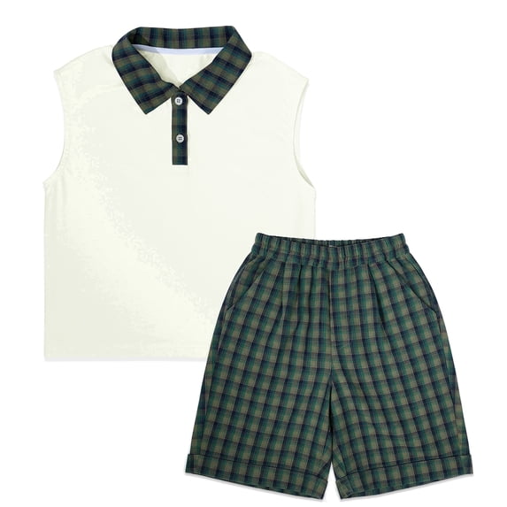 Boys Summer Outfit Set, Sleeveless Polo Shirt & Plaid Shorts Preppy Style 2-Piece Clothing Set for Toddler Boys(4-5Y)