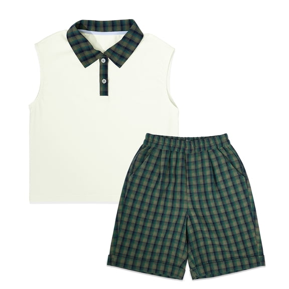 NIPAXO Boys Outfit Set, Sleeveless Polo Shirt & Plaid Shorts Preppy Style 2-Piece Shorts Set for Toddler Boys（4-5Y）