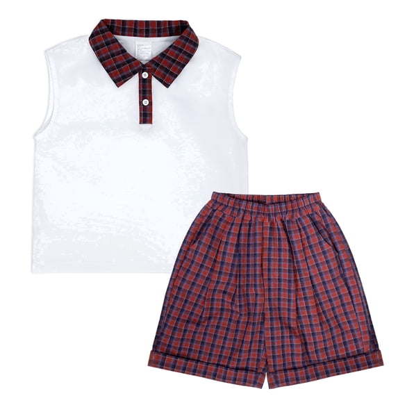 Boys Summer Outfit Set, Sleeveless Polo Shirt & Plaid Shorts Preppy Style 2-Piece Clothing Set for Toddler Boys(7-8Y)
