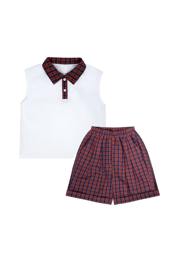 Boys Outfit Set, Sleeveless Polo Shirt & Plaid Shorts Preppy Style 2-Piece Shorts Set for Toddler Boys(9-10Y)