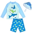 thumbnail image 1 of NIPAXO Boys Swimwear Long Sleeve Shark Graphic Sun Protection Quick Dry Swim Suit for Boys with Swim Shorts and Hat Set, Light Blue, Sizes 7-8Y, 1 of 9