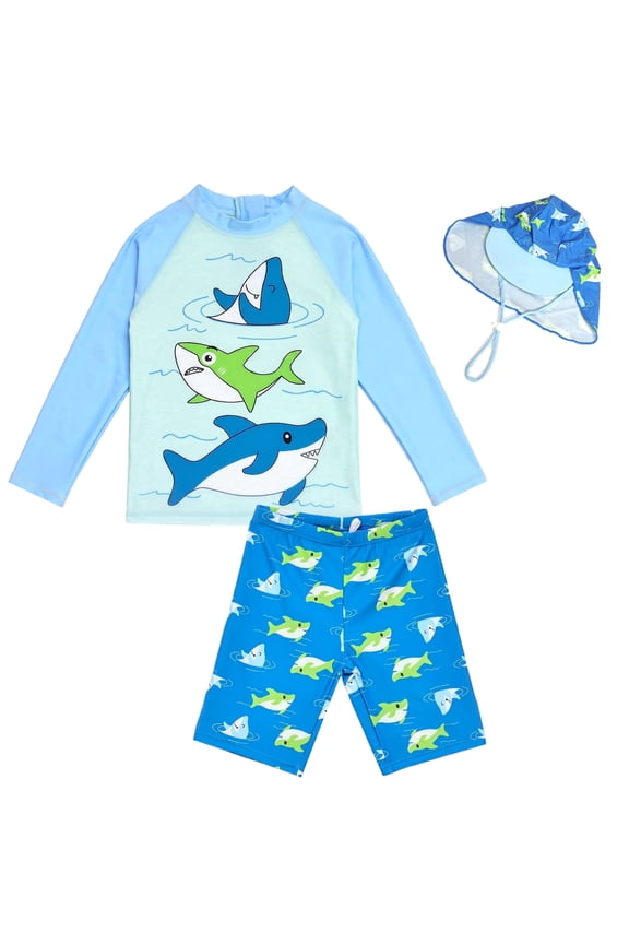 Boys Swimwear Long Sleeve Shark Graphic Sun Protection Quick Dry Swim Suit for Boys with Swim Shorts and Hat Set
