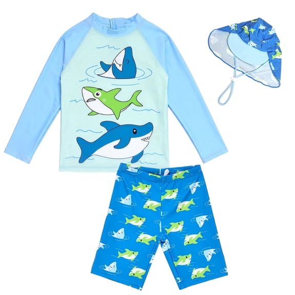 NIPAXO Boys Swimwear Long Sleeve Shark Graphic Sun Protection Quick Dry Swim Suit for Boys with Swim Shorts and Hat Set