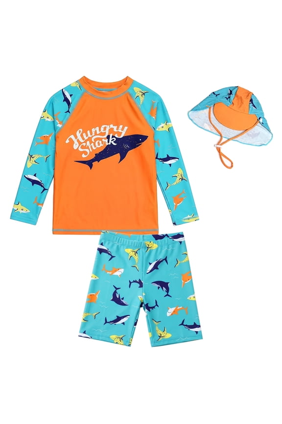 Boys Swimwear Long Sleeve Shark Graphic Sun Protection Quick Dry Swim Suit for Boys with Swim Shorts and Hat Set