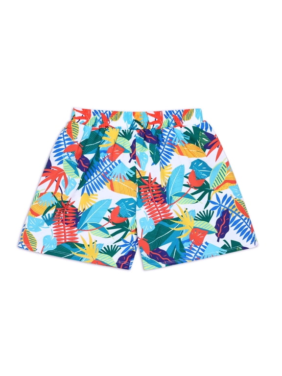 Boys Shorts Tropical Palm Leaf Floral Print Elastic Waist Quick Dry Soft Fabric Summer Beach Shorts for Boys, Multicolor, Sizes 4-5Y