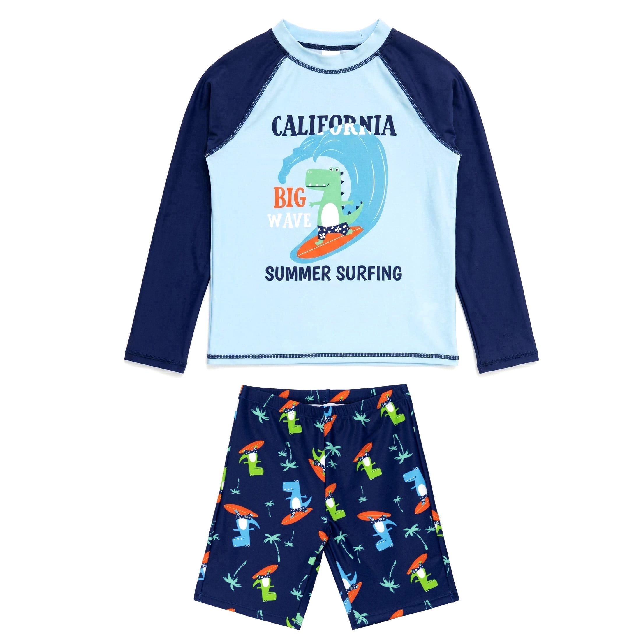 NIPAXO Boys Two Piece Swimsuit Set Long Sleeve Rash Guard Swim Trunks Dinosaur Shark Crocodile Sun Protection Swimwear for Toddler Boys Age 9-10 Years