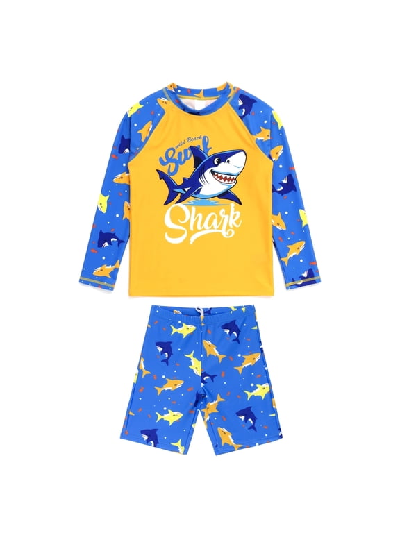 Boys Two Piece Swimsuit Set Long Sleeve Rash Guard Swim Trunks Dinosaur Shark Crocodile Sun Protection Swimwear for Toddler Boys Age 4-5 Years