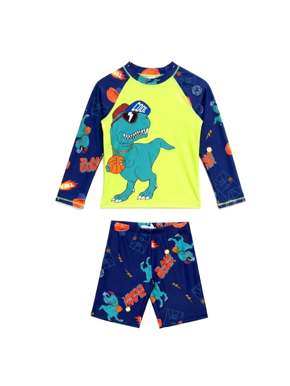 Boys Two Piece Swimsuit Set Long Sleeve Rash Guard Swim Trunks Dinosaur Shark Crocodile Sun Protection Swimwear for Toddler Boys Age 5-6 Years