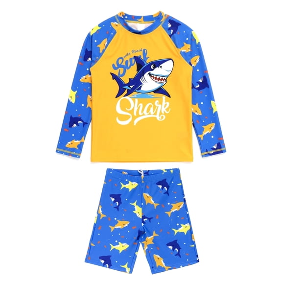 NIPAXO Boys Two Piece Swimsuit Set Long Sleeve Rash Guard Swim Trunks Dinosaur Shark Crocodile Sun Protection Swimwear for Toddler Boys Age 5-6 Years