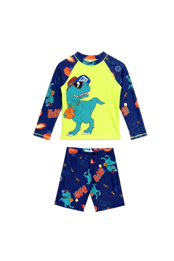 Boys Two Piece Swimsuit Set Long Sleeve Rash Guard Swim Trunks Dinosaur Shark Crocodile Sun Protection Swimwear for Toddler Boys Age 7-8 Years