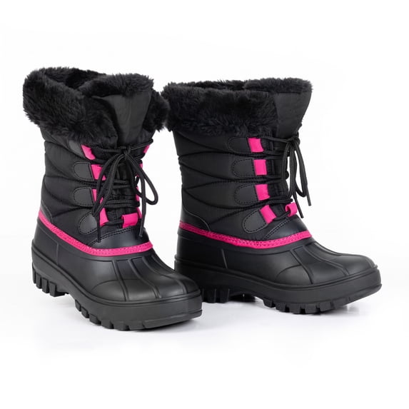 NIPAXO Girls Snow Boots Waterproof Winter Boots Black and Hot Pink Faux Fur Cuff Lace-Up Cold Weather Outdoor Shoes for Kids