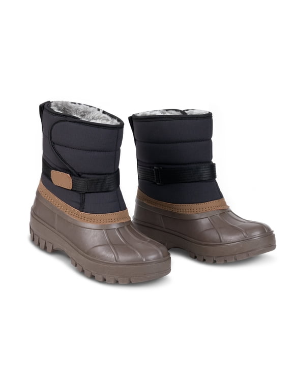 Kids Snow Boots Waterproof Winter Boots Brown and Black Faux Fur Lined Hook and Loop Cold Weather Outdoor Shoes for Boys Girls