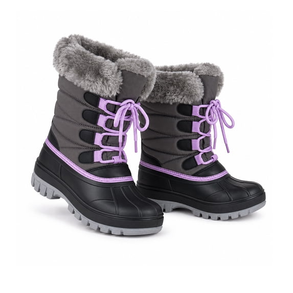 NIPAXO Kids Snow Boots Waterproof Grey and Black with Light Purple Lacing Faux Fur Collar Winter Boots for Boys Girls