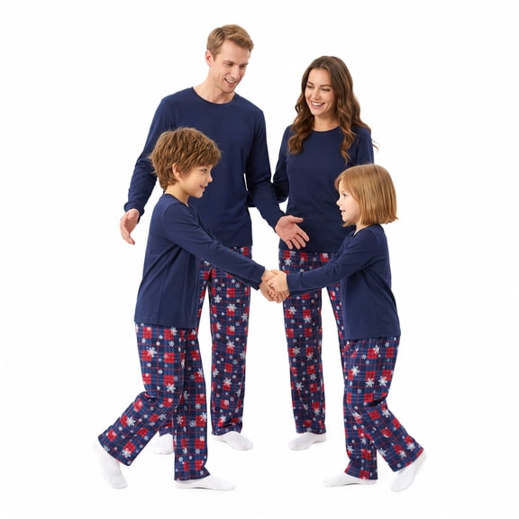 NIPAXO Family Christmas Pajamas Set Matching Long Sleeve Solid Top and Plaid Snowflake Pants Holiday Sleepwear